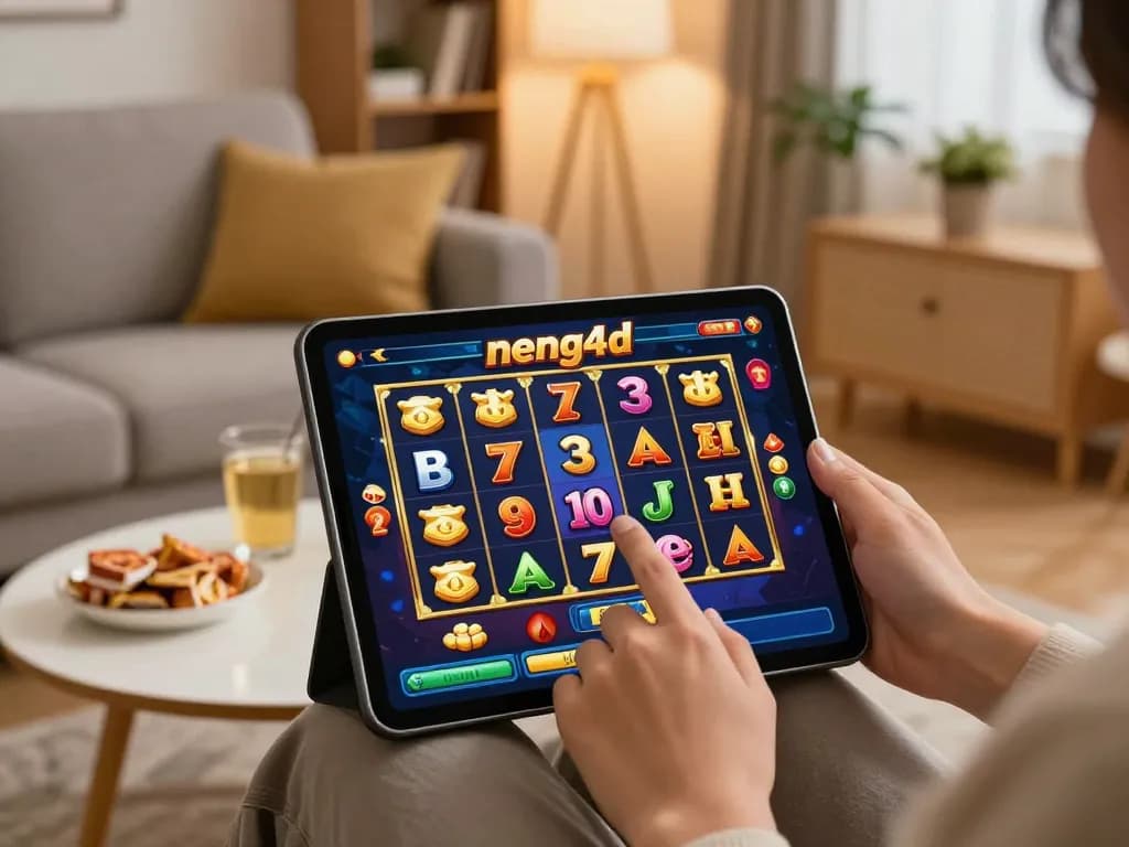 Engaging in the neng4d slot game on a tablet, showcasing a cozy gaming setup.