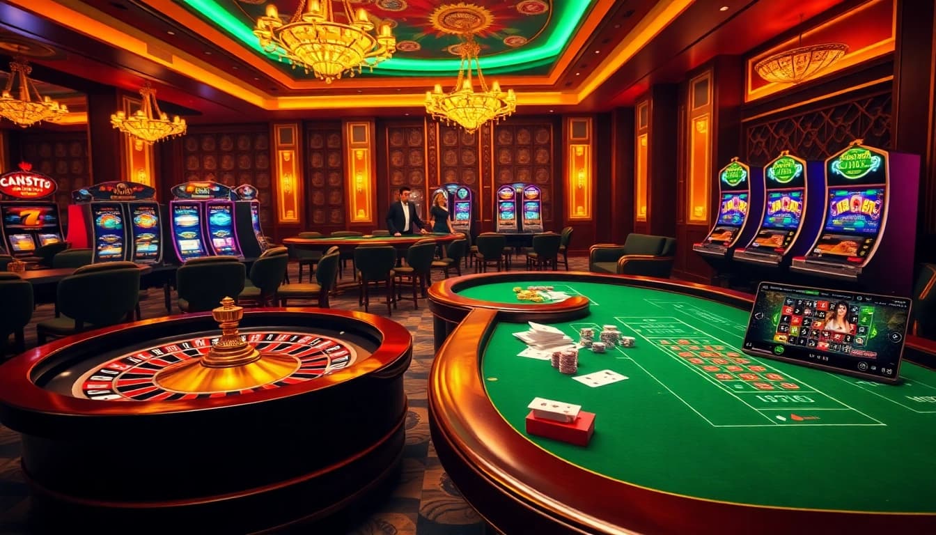 Experience rr88 đăng nhập with a vibrant online casino scene, featuring roulette and poker tables.