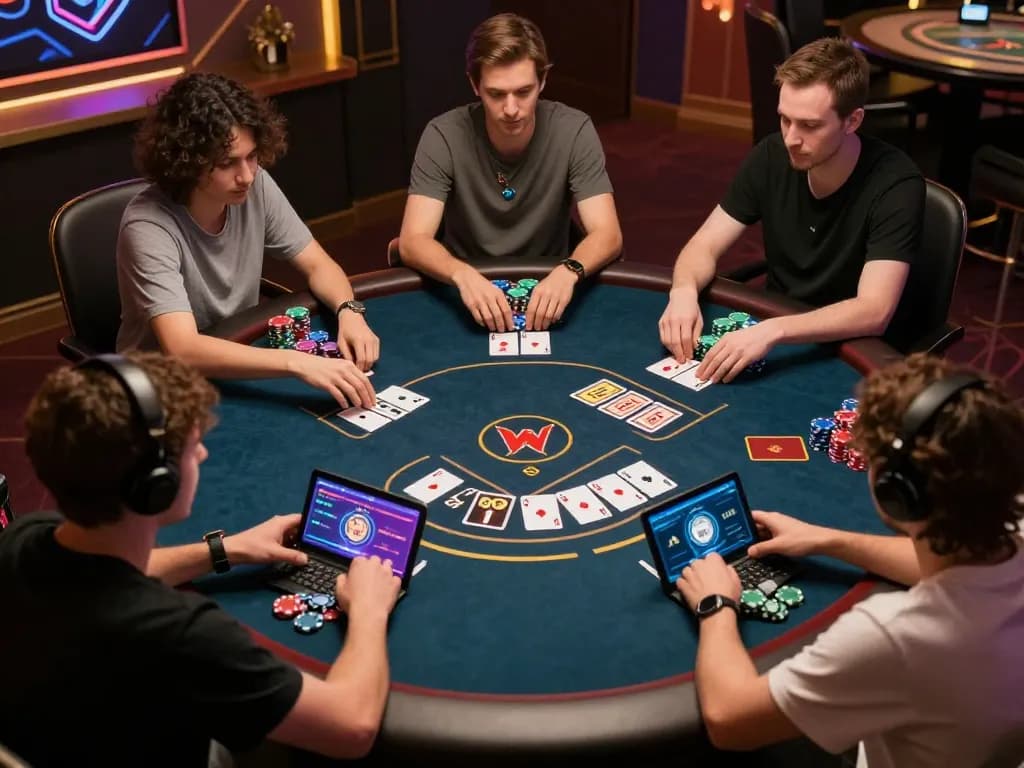 Players enjoying online poker using WIN4U app with vibrant virtual gaming interface