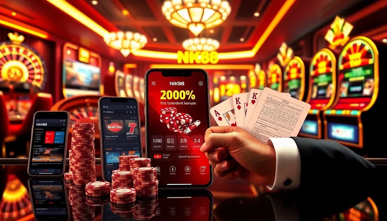 Engaging gambler using NK88 app with vibrant casino chips and live betting interface