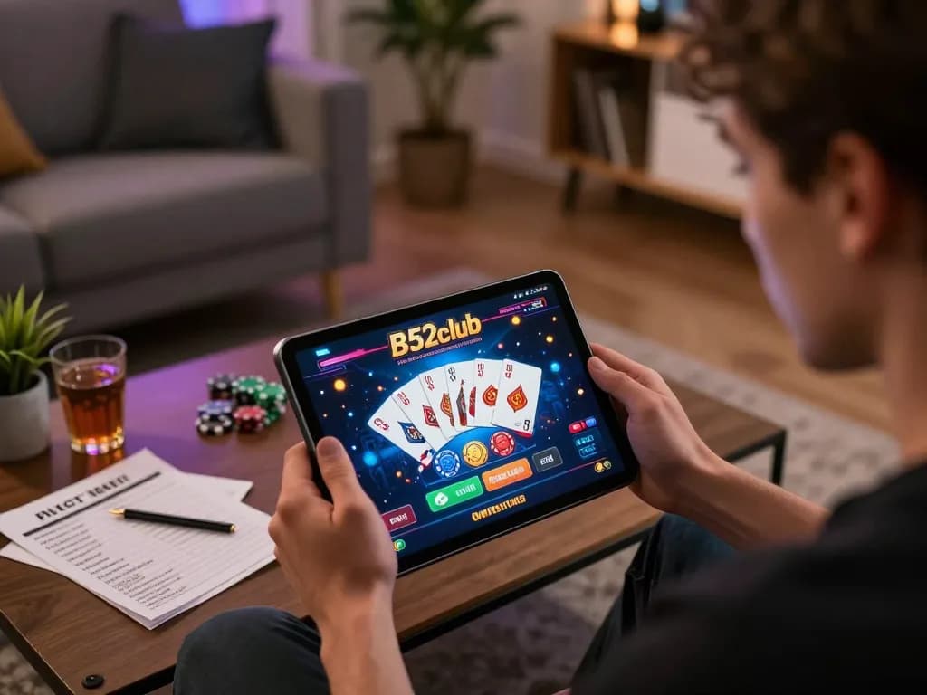 b52club player engaging in online casino gameplay at home with vibrant tablet interface