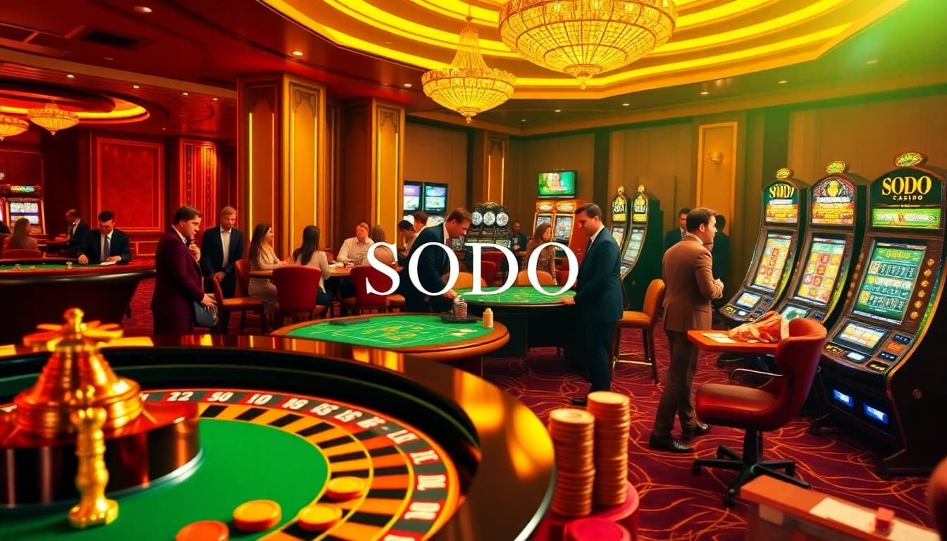 SODO CASINO showcases a luxurious gaming experience with roulette, poker, and vibrant slot machines.