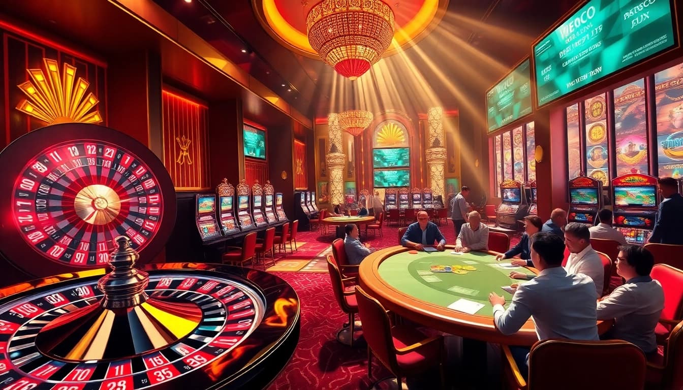 Experience the thrill of raja luck at a vibrant casino, featuring roulette, slots, and excited players.