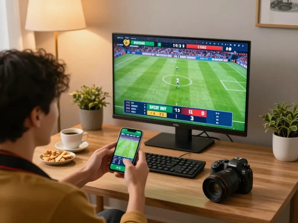 Engaged bettor using smartphone for kèo nhà cái while enjoying a live sports match at home.