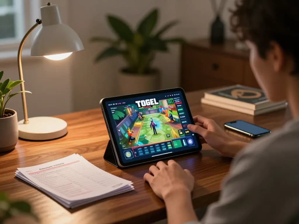 Engaging in GTA Togel online gaming with strategic betting notes at a cozy home setup
