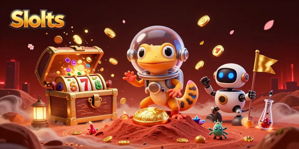 Martian gecko discovering golden casino in a dynamic scene with slots elements and alien companions.