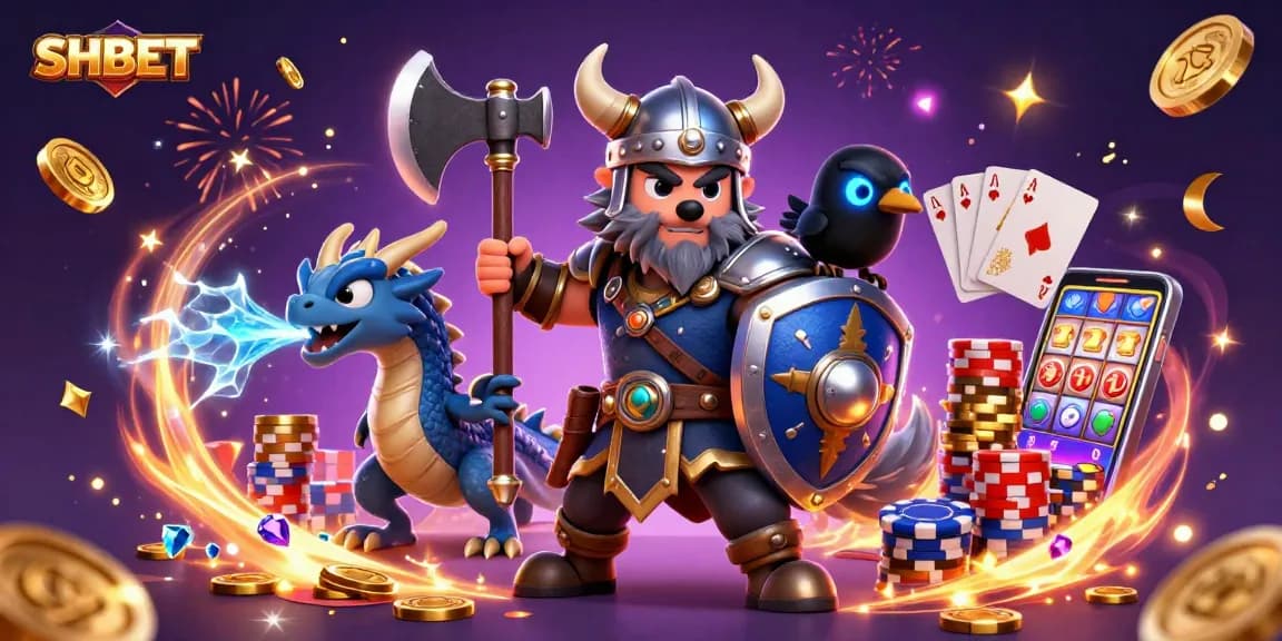 Unleash your luck with SHBET, featuring a Viking wolf warrior, dragon, and magical casino elements.