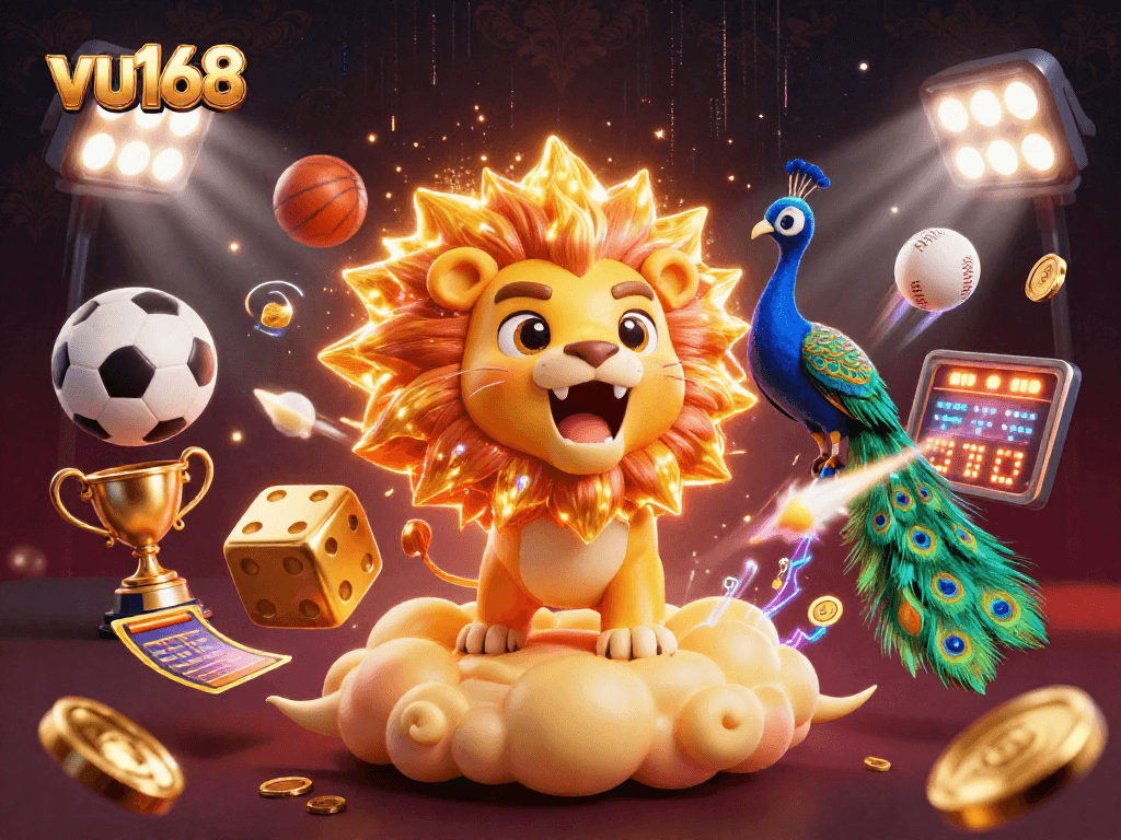 Experience seamless betting with vu168, featuring vibrant sports elements and engaging casino scenes.