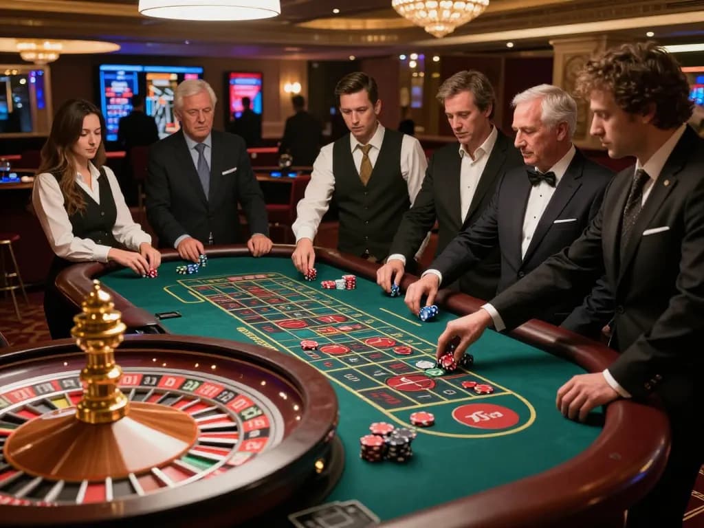 Pemain terlibat di meja roulette dalam suasana kasino yang meriah, menunjukkan strategi Ulat123 yang sedang dijalankan.
