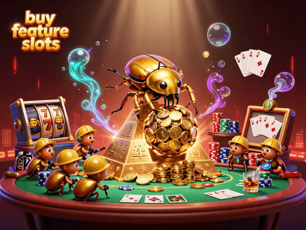 Delve into buy feature slots with a beetle theme, showcasing action in a vibrant casino setting.