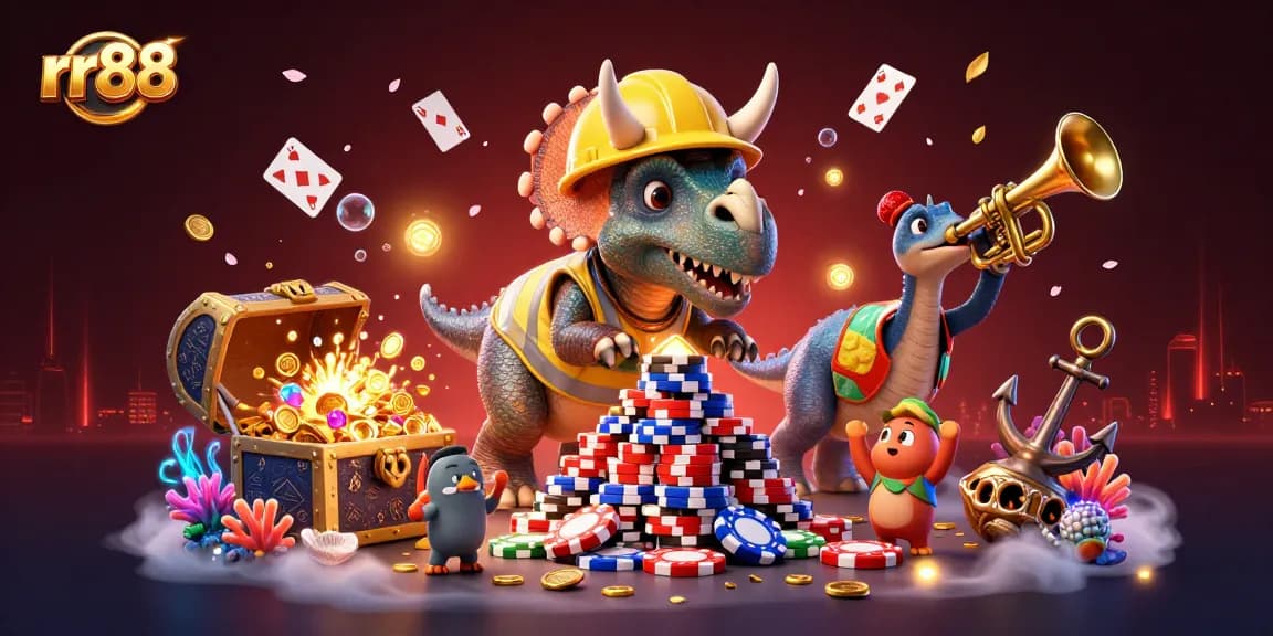 rr88 welcomes players with a lively scene featuring a triceratops building poker chips amidst cheering companions.