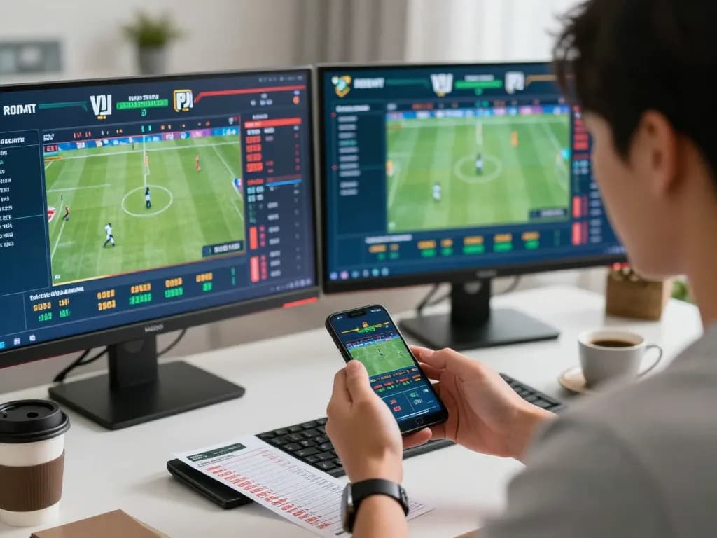 Engaging in live sports betting and analysis on dinamit4d, enhancing strategy with dual screens and smartphone.