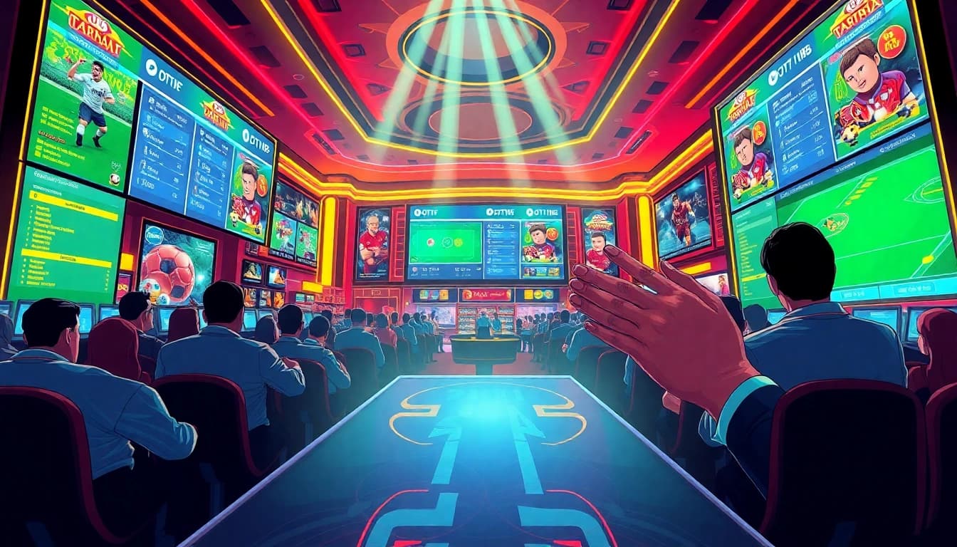 Engaged players excitedly placing Taruhan Bola bets at a dynamic sports betting casino scene.