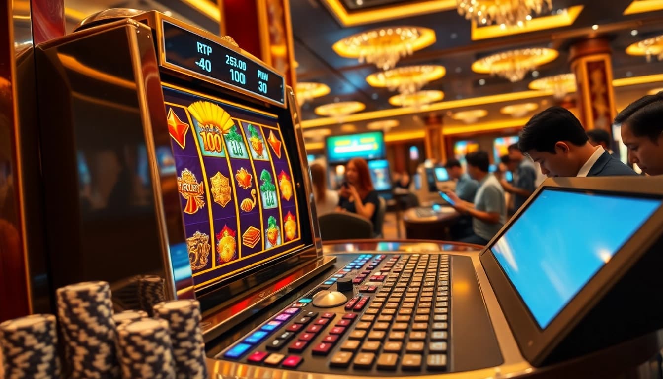 Engaged players strategically spinning game nổ hũ slot machine reels with jackpot wins and RTP display