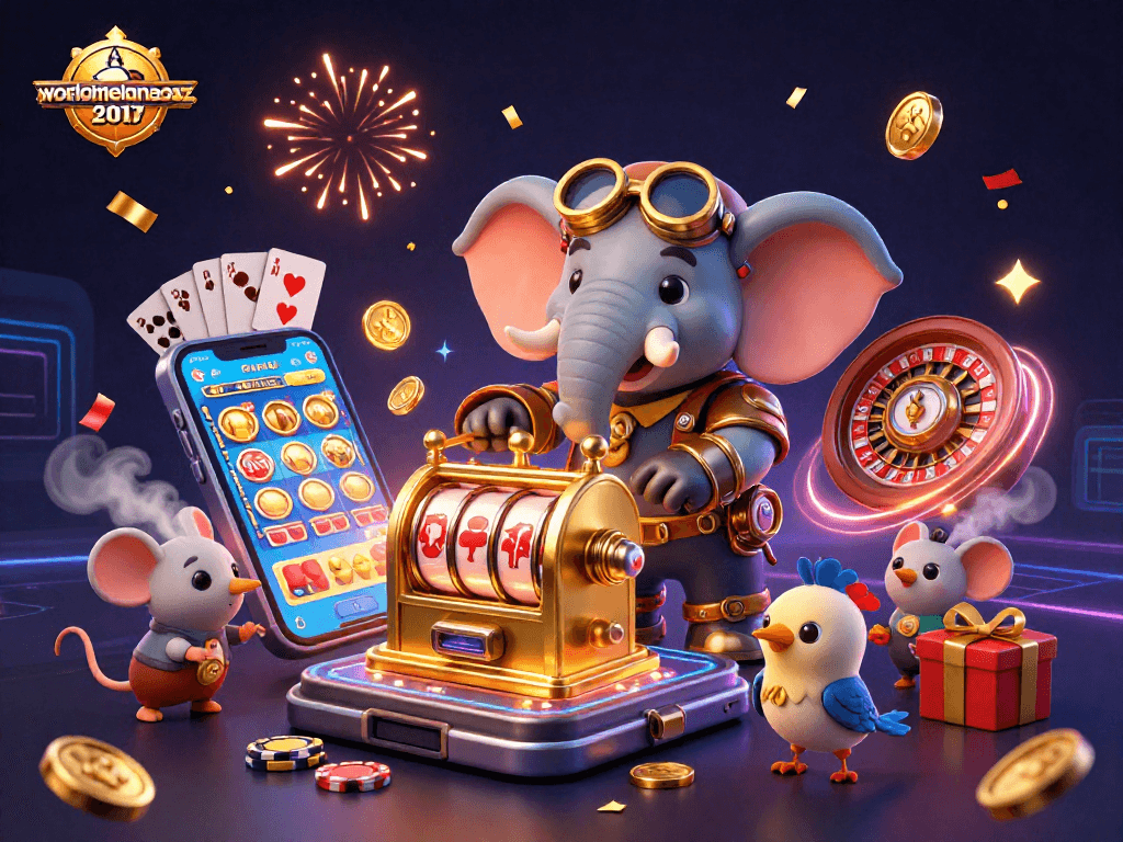 A steampunk elephant engineer operating a golden slot machine at worldmelanoma2017, surrounded by vibrant casino elements.