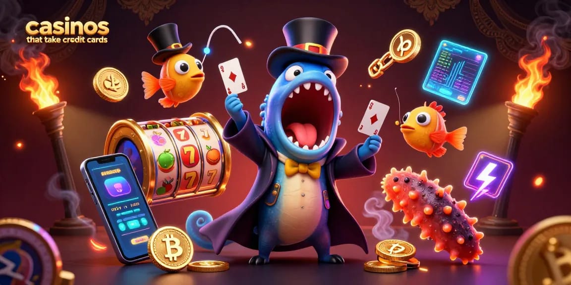 Engaging scene depicting casinos that take credit cards with animated sea creatures performing a magic act surrounded by vibrant game elements.