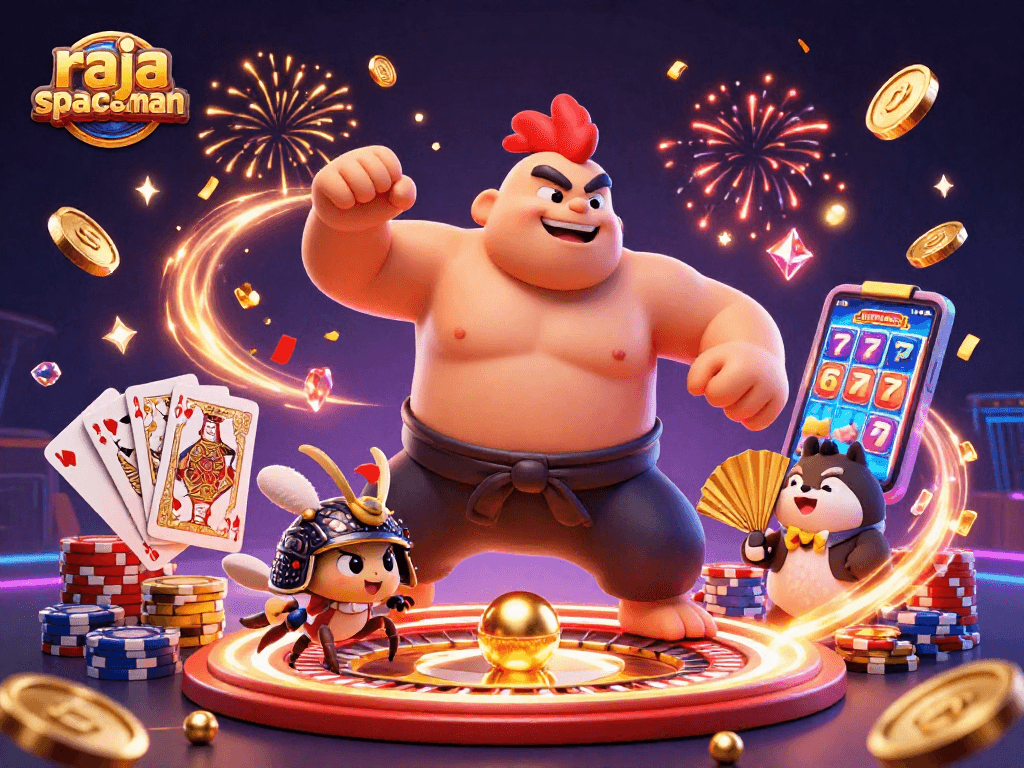 Engage with raja spaceman in a thrilling 3D gaming scene featuring dynamic characters and casino elements.