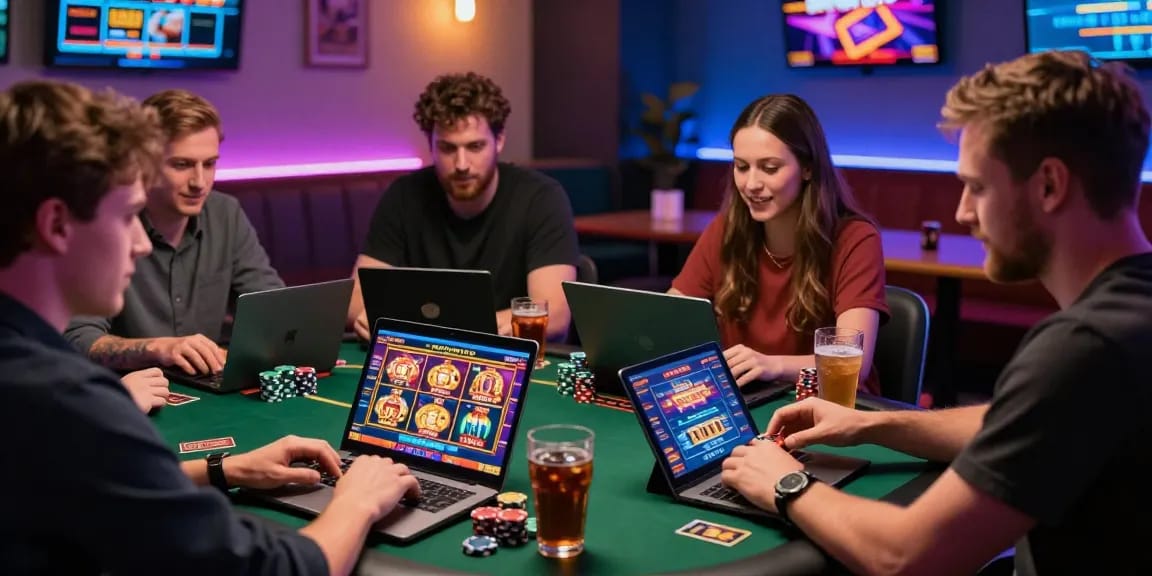 Engaged players at scoarch.org.uk using credit cards at vibrant online casinos, showcasing excitement with colorful gaming interfaces.