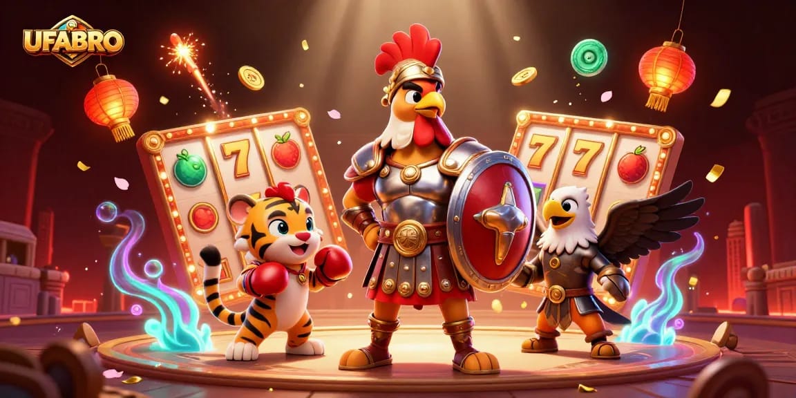 Experience thrilling action with UFABRO as a gladiator rooster in a lavish slot game arena.
