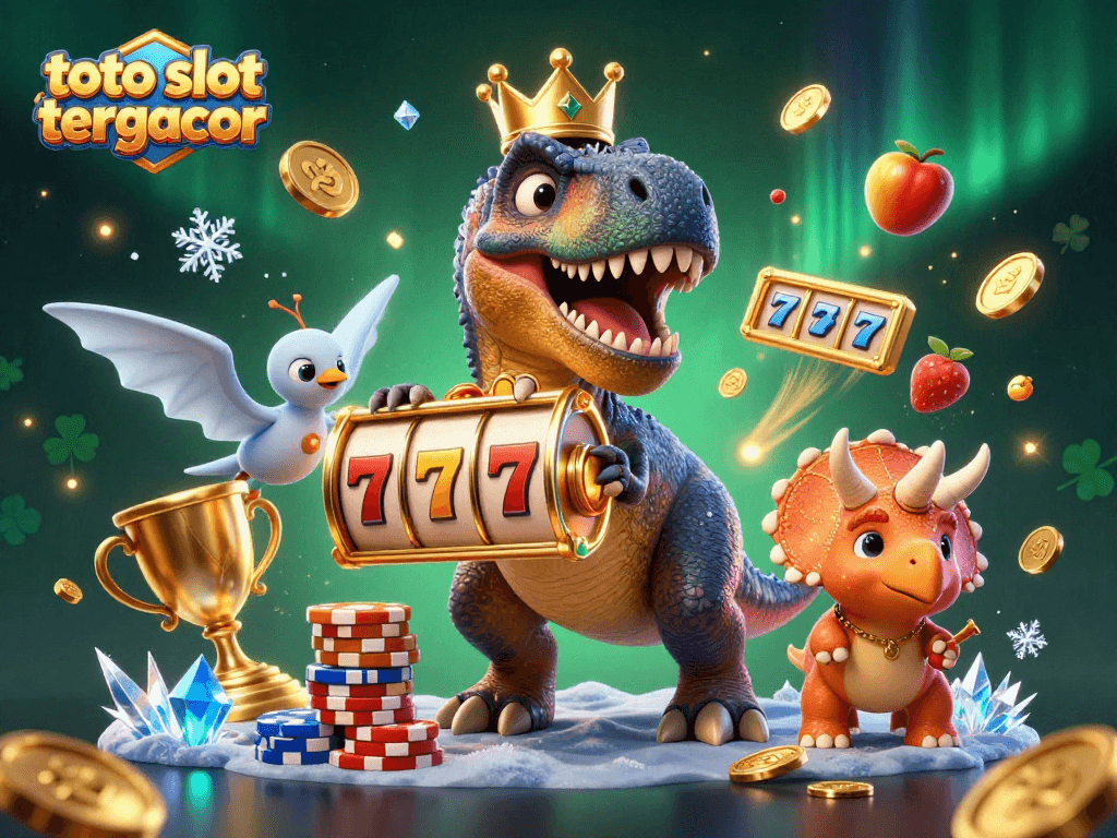 Engage with toto slot tergacor through this dynamic illustration featuring a T-Rex, pterodactyl, and triceratops in a lively casino scene.