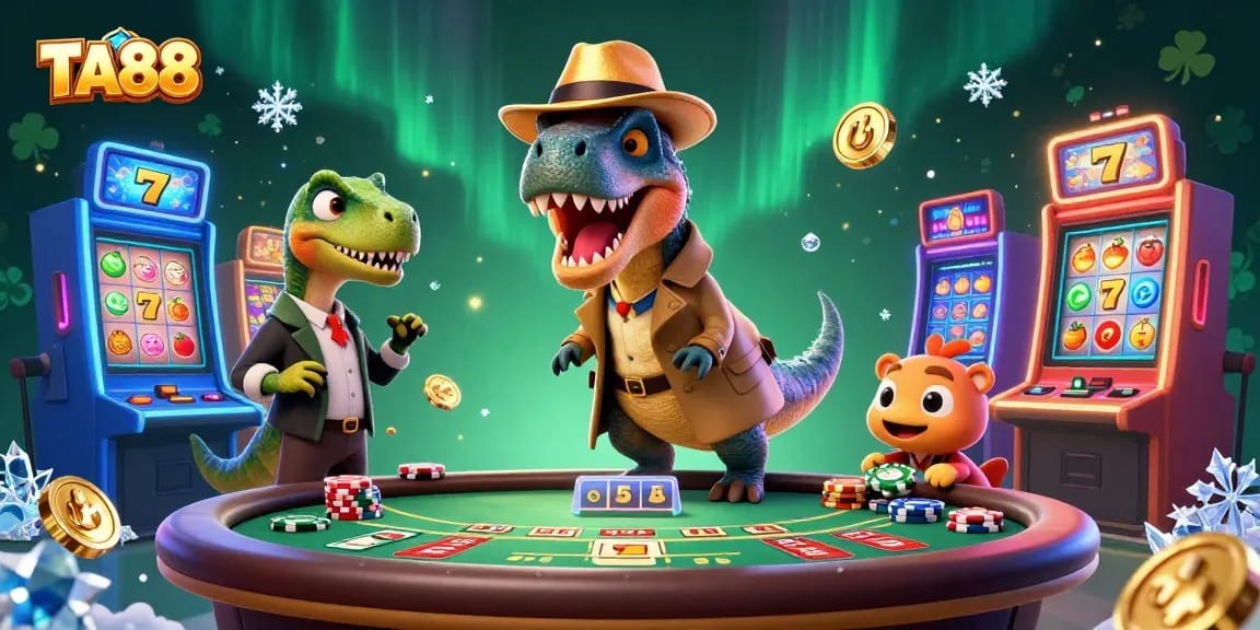 TA88 velociraptor card counter sneaking chips at a vibrant casino scene filled with slots.