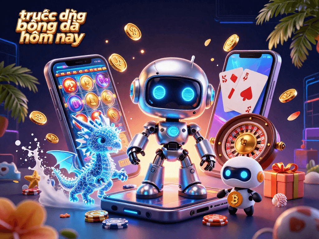 Engage with trực tiếp bóng đá hôm nay through dynamic gaming scene featuring colorful slots and a chrome robot mascot.