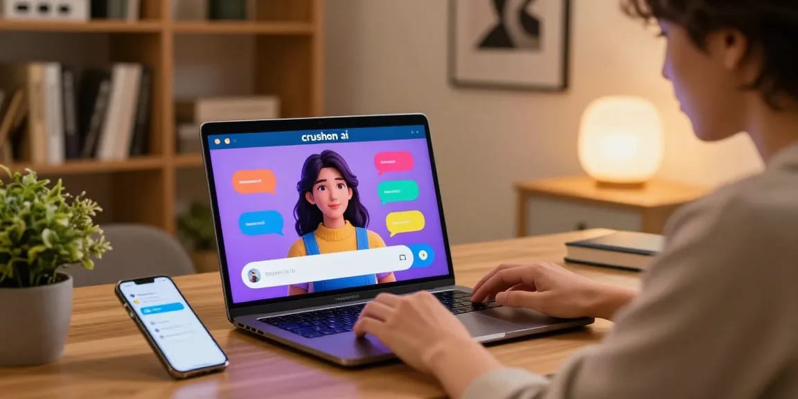 Engaging user interacting with crushon ai in a modern home office setting.