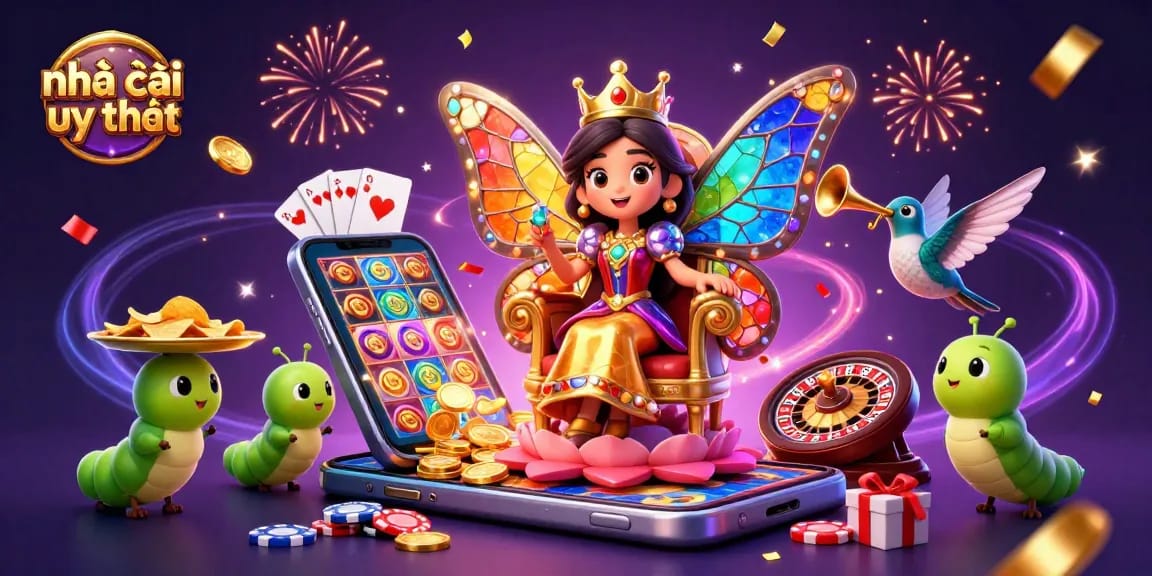 Experience the excitement of nhà cái uy tín with a vibrant 3D illustration showcasing casino elements and characters.