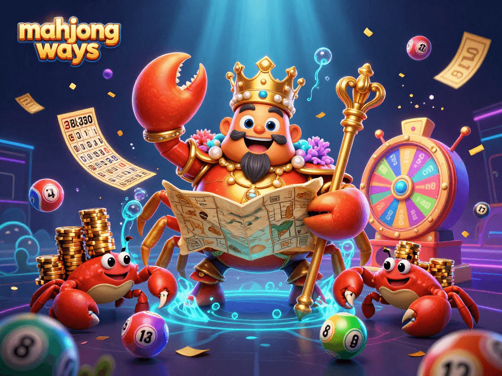 Engage in thrilling mahjong ways with a cartoon crab emperor amidst a vibrant gambling scene.