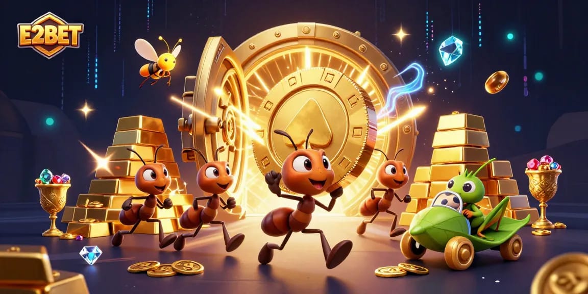 E2BET's thrilling heist scene with cartoon ants and a firefly amid golden casino treasures