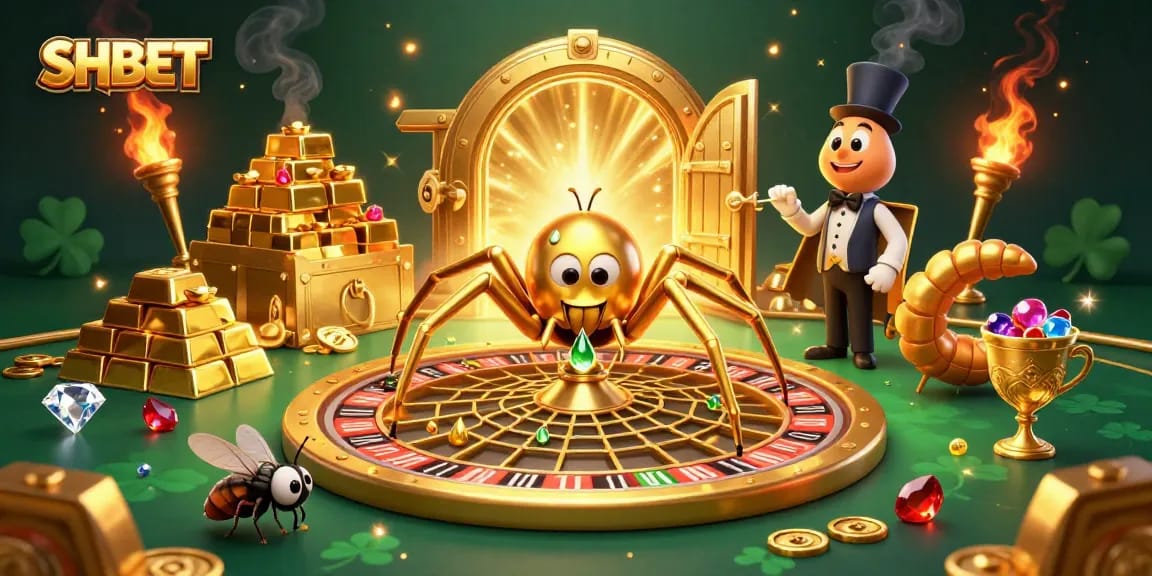 Betting on SHBET with golden spider and roulette elements in a dynamic casino scene.
