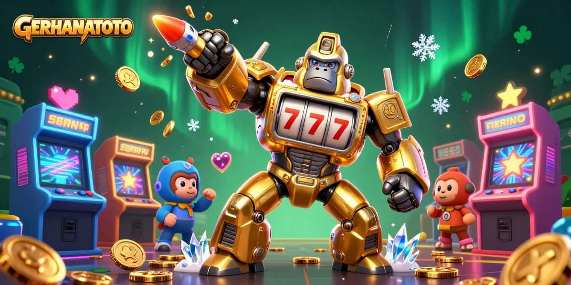 Menangkan hadiah spektakuler di GERHANATOTO dengan ilustrasi 3D robot gorila emas dan mesin slot.
