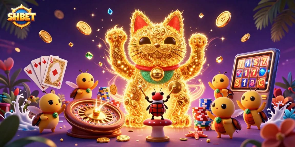 Win big at SHBET with an enchanting scene of flying golden coins and a lucky cat.
