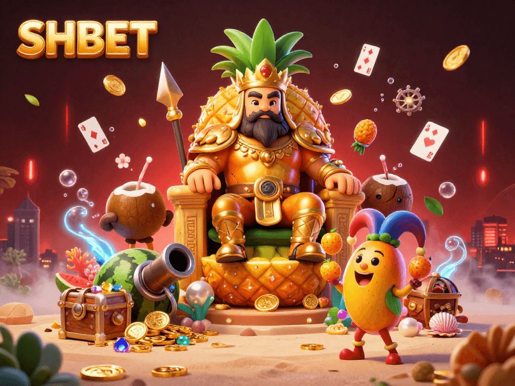 Experience unmatched excitement with SHBET's vibrant casino illustration featuring a pineapple king and dynamic game elements.