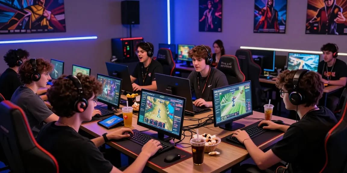 Raja Game login scene with players engaged, modern gaming setup, lively atmosphere.