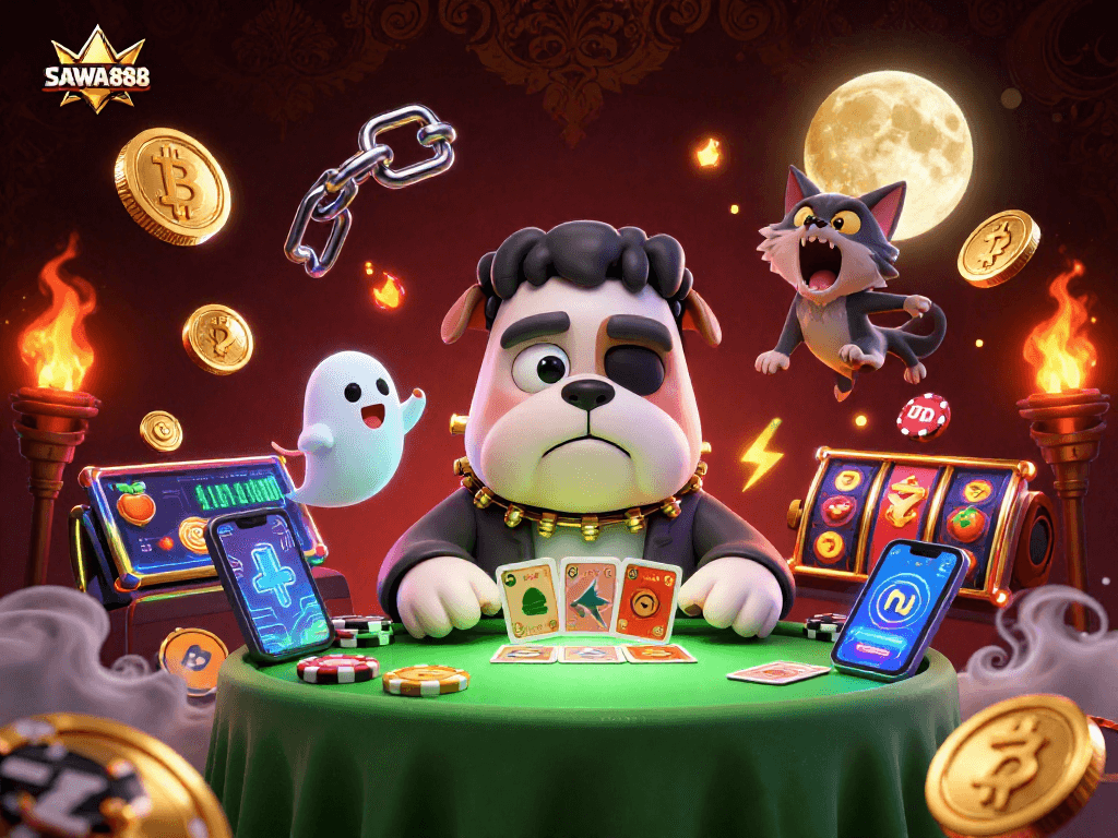 SAWA888 zombie dog deals cards at a spooky 3D casino themed scene filled with slot games.