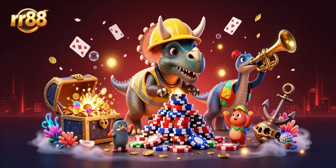 rr88 welcomes players with a lively scene featuring a triceratops building poker chips amidst cheering companions.