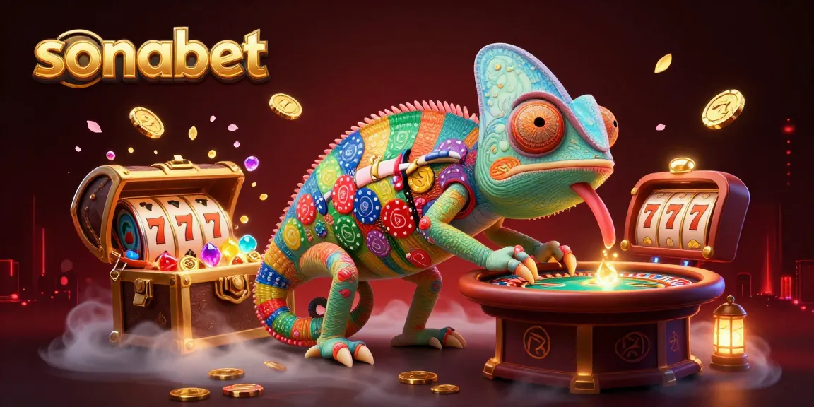 Experience thrilling gameplay at sonabet with a vibrant scene of a chameleon casino owner and dynamic gaming elements.