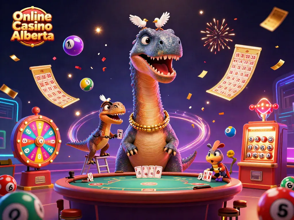 Engage with Online Casino Alberta's vibrant scene featuring lively dinosaurs and lottery games.