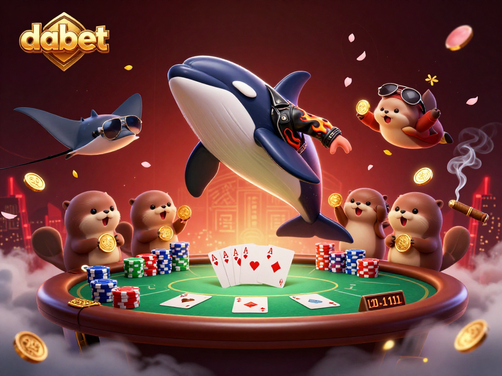 Engage in poker excitement with dabet’s thrilling 3D carnival featuring a delightful orca and otters.