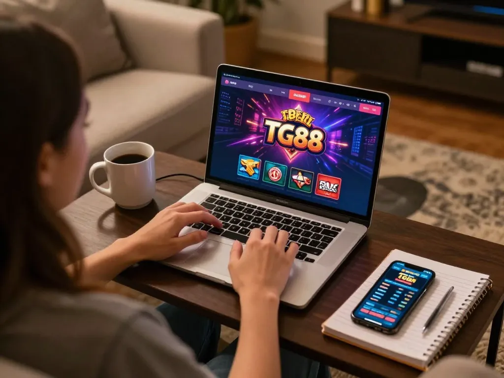 Player engaging with the TG88 online casino app, showcasing a cozy home gaming setup for responsible gambling.