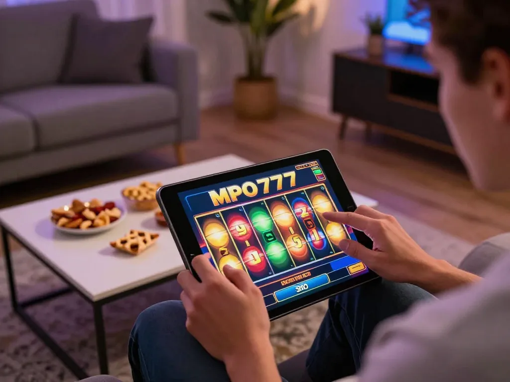 Engaging gameplay on slot mpo777 displayed on a tablet, showcasing vibrant reels and cozy atmosphere.