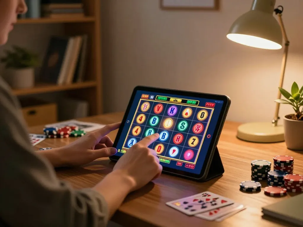 Engaging with slot machines on a tablet during a cozy online gaming session at home