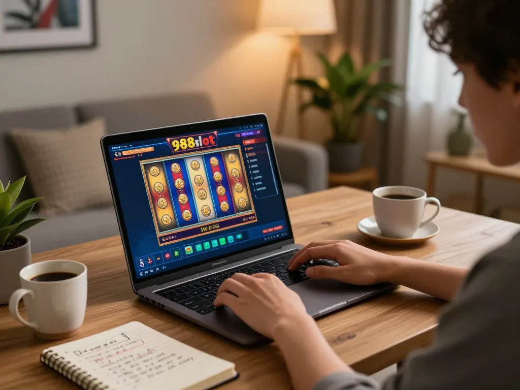 Player spinning reels on 988slot game in a cozy home office setting with notes and coffee.