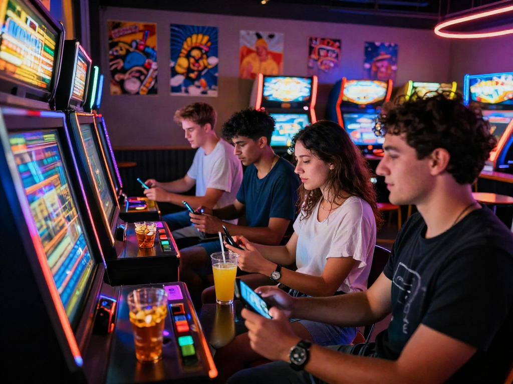 A group enjoying a lively slot machine experience at an energetic urban arcade, highlighting friendship and excitement.
