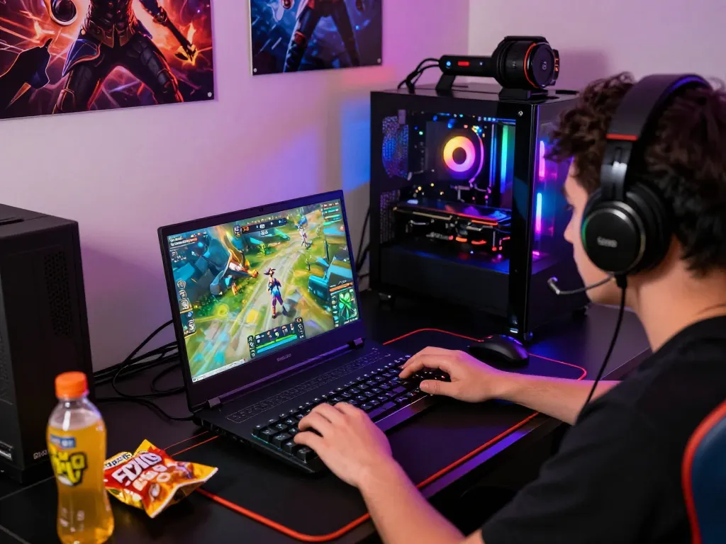 Situs slot gacor gaming scene featuring a player intensely engaged with vibrant visuals on a laptop in a dynamic room.
