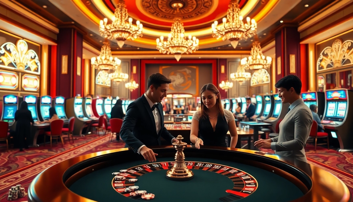 SODO CASINO's luxurious casino atmosphere featuring roulette and poker players engaged in high-stakes games.