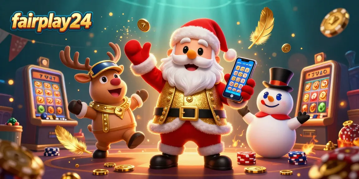Experience excitement with fairplay24 in a vibrant casino illustration featuring Santa and friends.