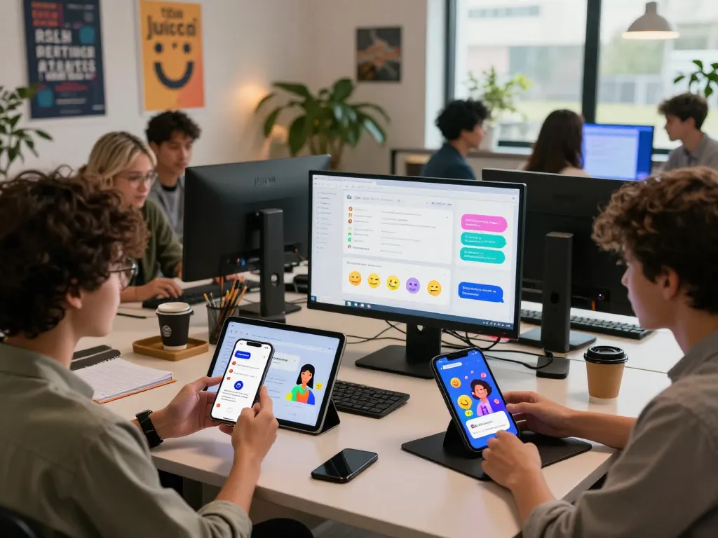 Engaging with juicy ai chatbot on various devices in a vibrant tech workspace.