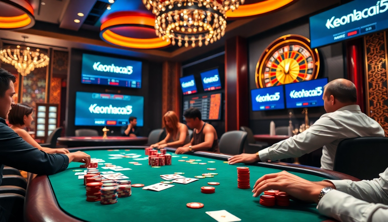 Engaging poker game at keonhacai5 casino with vibrant chips and betting slips.